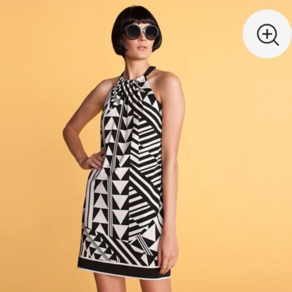 Trina Turk Black and White Abstract Halter Mini Dress